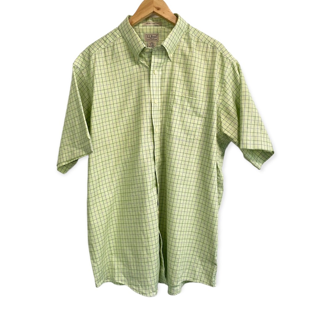 men's L.L. Bean short sleeve shirt XL-REG green white plaid wrinkle resistant